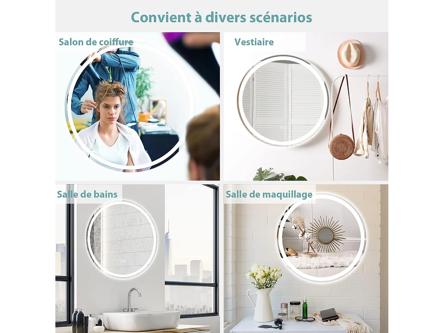 Miroir de Salle de Bain LED, Anti-Buée , ø 60 cm, Miroir Mural Lumineux avec 3 Eclairages Blanc Froid/Neutre/Chaud, Miroir LED Rond avec Interrupteur Tactile et Fonction