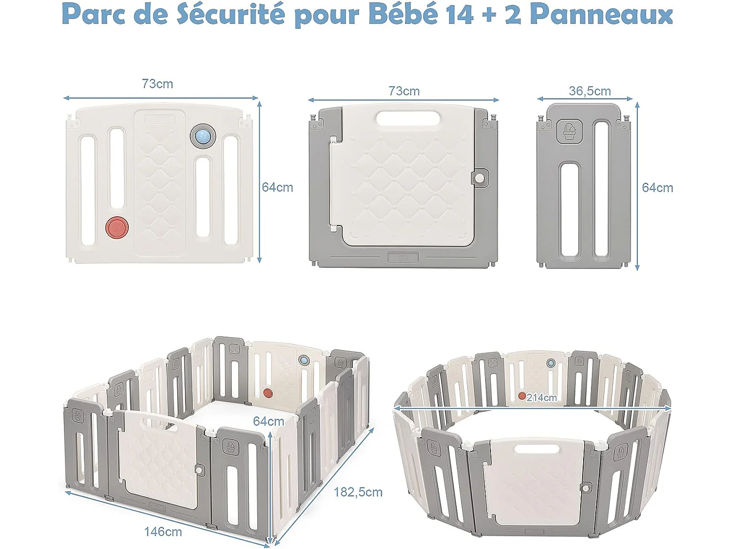 Parc bébé plastique pliable 14+2 panneaux d'activité et de porte avec loquet de sécurité