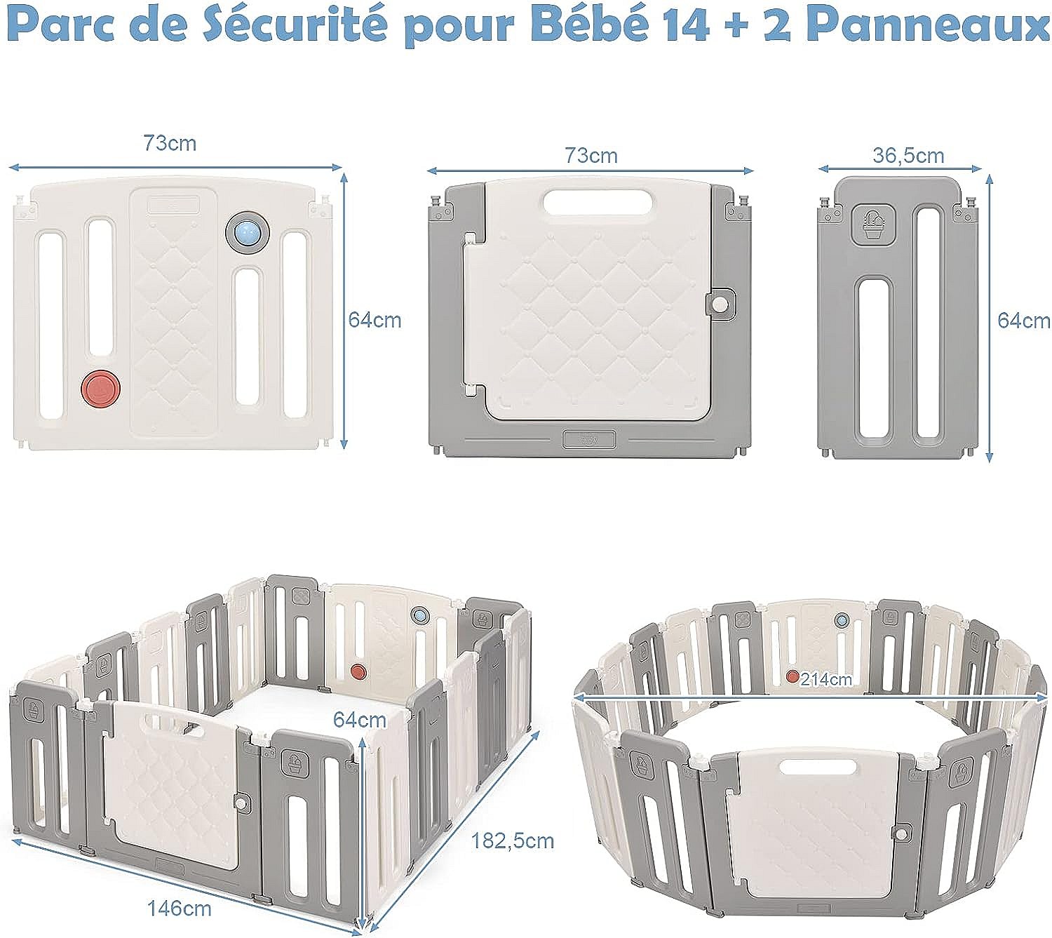 Parc Pour Bébé Pliable - 14+2 Panneaux Avec Porte Et Plateau De Jeu - Barrière De Sécurité Antidérapante, Bleu Et Blanc