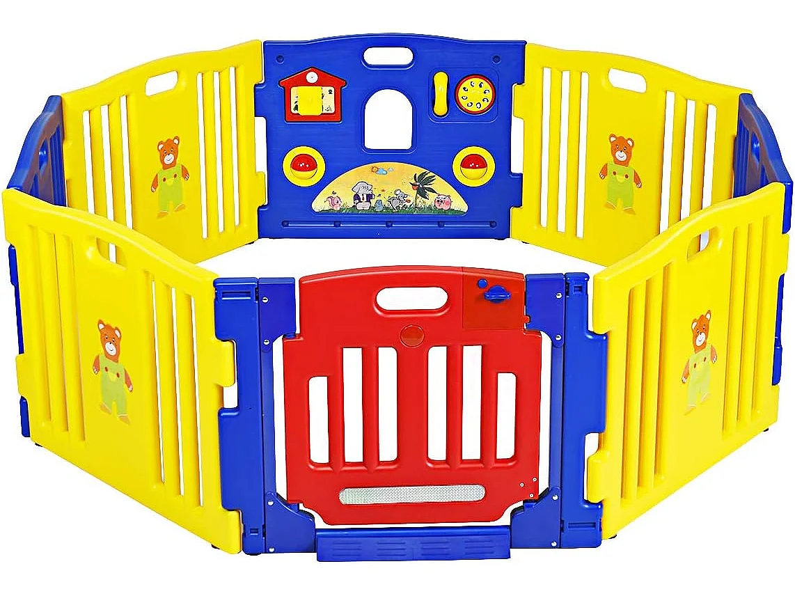 Parc bébé pliable 8 panneaux en pe avec porte à verrou de sécurité jouet éducatif et double ventouse