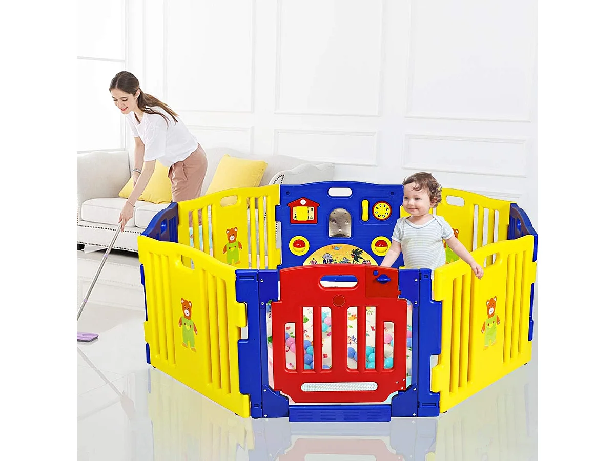 Parc bébé pliable 8 panneaux en pe avec porte à verrou de sécurité jouet éducatif et double ventouse
