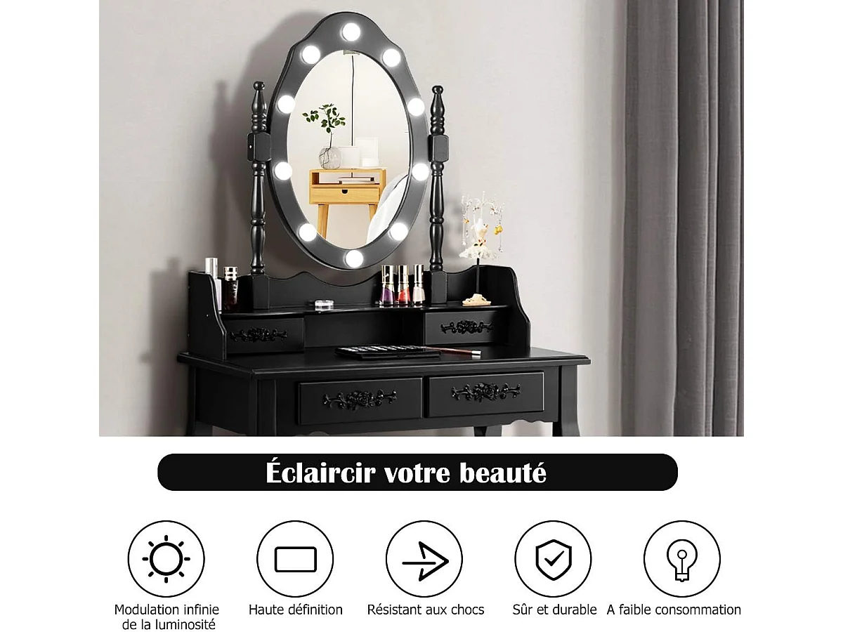 Coiffeuse,Table de Maquillage avec Miroir Oval et 10 Ampoules LED à Intensité Variable 4 Tiroirs de Rangement Noir