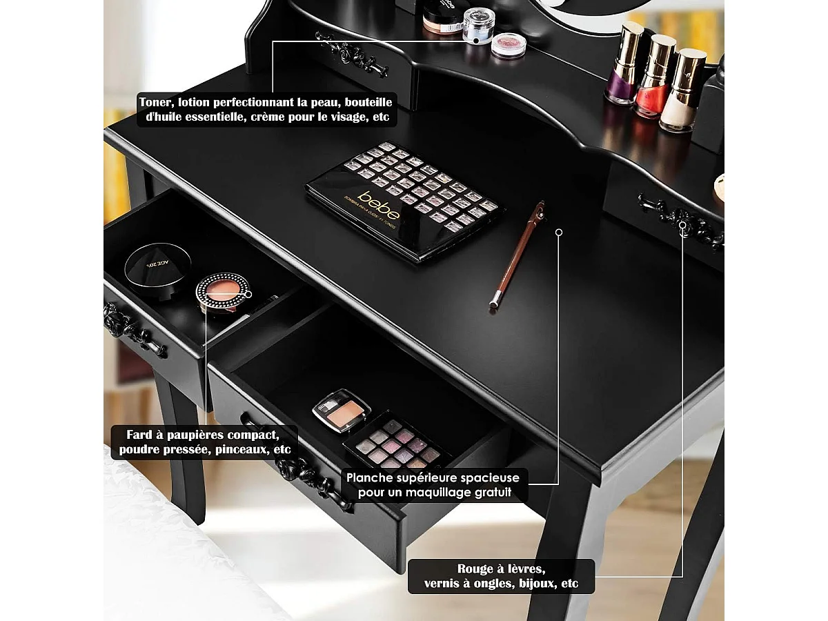 Coiffeuse,Table de Maquillage avec Miroir Oval et 10 Ampoules LED à Intensité Variable 4 Tiroirs de Rangement Noir