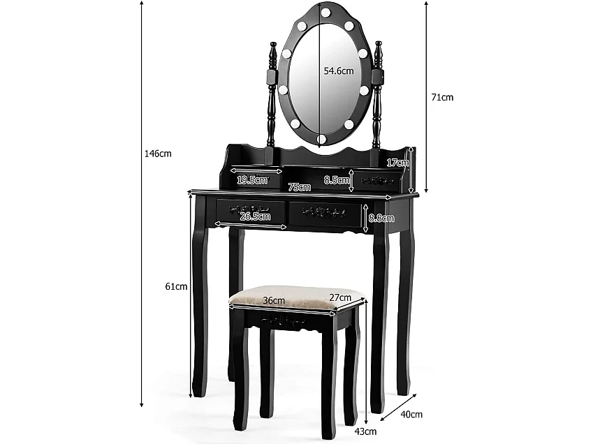 Coiffeuse,Table de Maquillage avec Miroir Oval et 10 Ampoules LED à Intensité Variable 4 Tiroirs de Rangement Noir