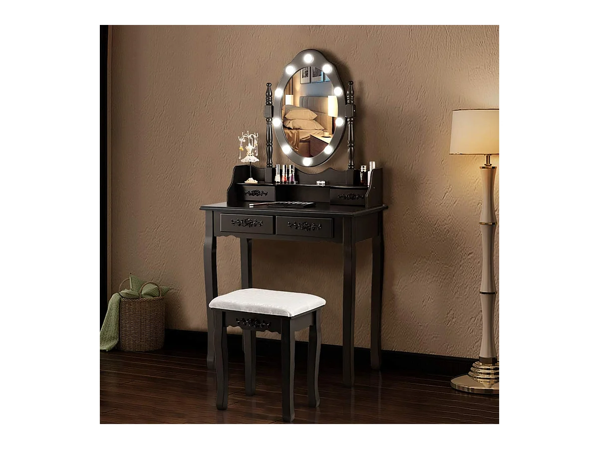 Coiffeuse,Table de Maquillage avec Miroir Oval et 10 Ampoules LED à Intensité Variable 4 Tiroirs de Rangement Noir