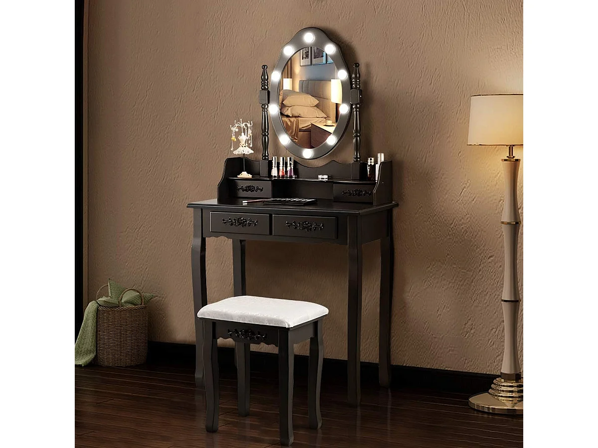 Coiffeuse,Table de Maquillage avec Miroir Oval et 10 Ampoules LED à Intensité Variable 4 Tiroirs de Rangement Noir
