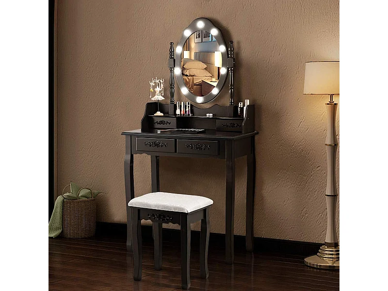 Coiffeuse,Table de Maquillage avec Miroir Oval et 10 Ampoules LED à Intensité Variable 4 Tiroirs de Rangement Noir