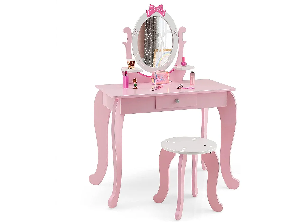 Coiffeuse pour Enfant avec Tabouret, Table Maquillage en Bois avec Miroir Rotatif Ovale, Tiroir et 2 Étagères, Rose