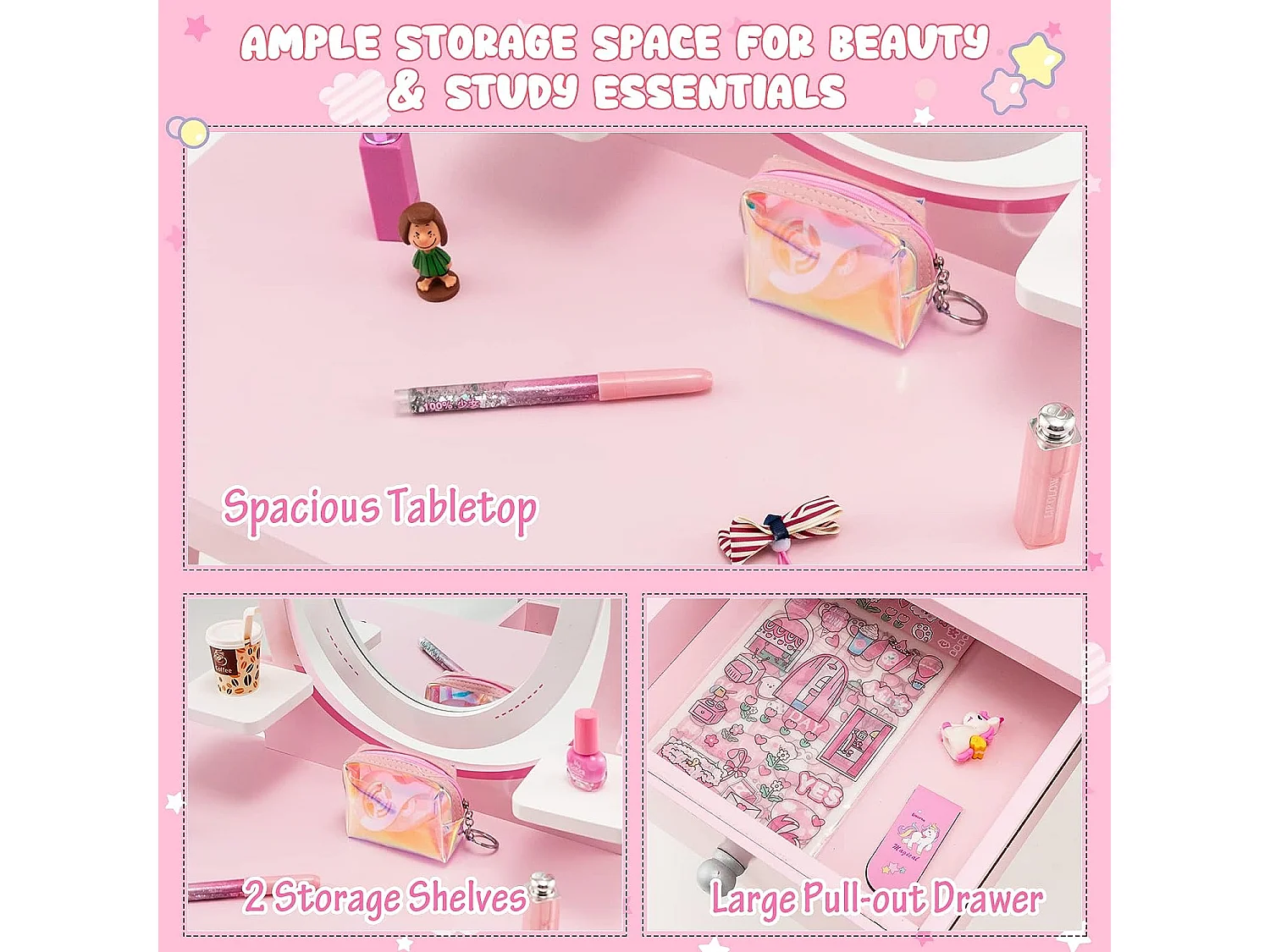 Coiffeuse pour Enfant avec Tabouret, Table Maquillage en Bois avec Miroir Rotatif Ovale, Tiroir et 2 Étagères, Rose