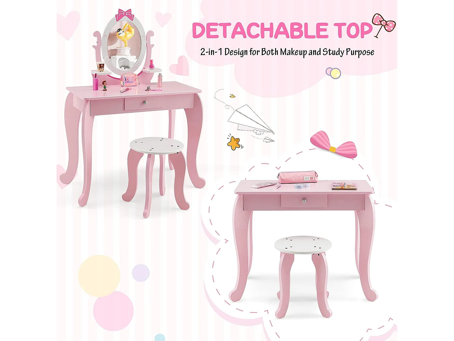 Coiffeuse pour Enfant avec Tabouret, Table Maquillage en Bois avec Miroir Rotatif Ovale, Tiroir et 2 Étagères, Rose