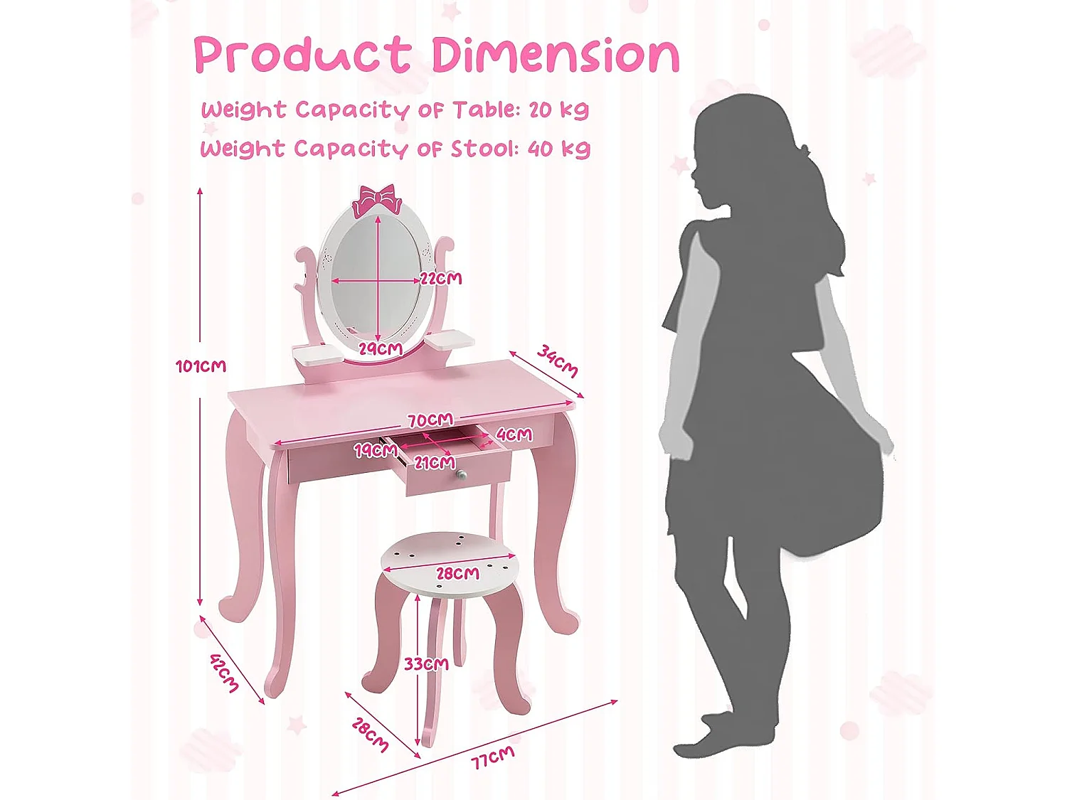 Coiffeuse pour Enfant avec Tabouret, Table Maquillage en Bois avec Miroir Rotatif Ovale, Tiroir et 2 Étagères, Rose