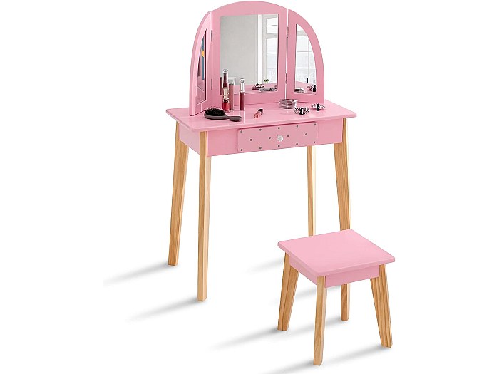 Coiffeuse Enfant XXL Homfa Avec Tabouret Et Miroir - Table De Maquillage En Bois - Blanc Naturel