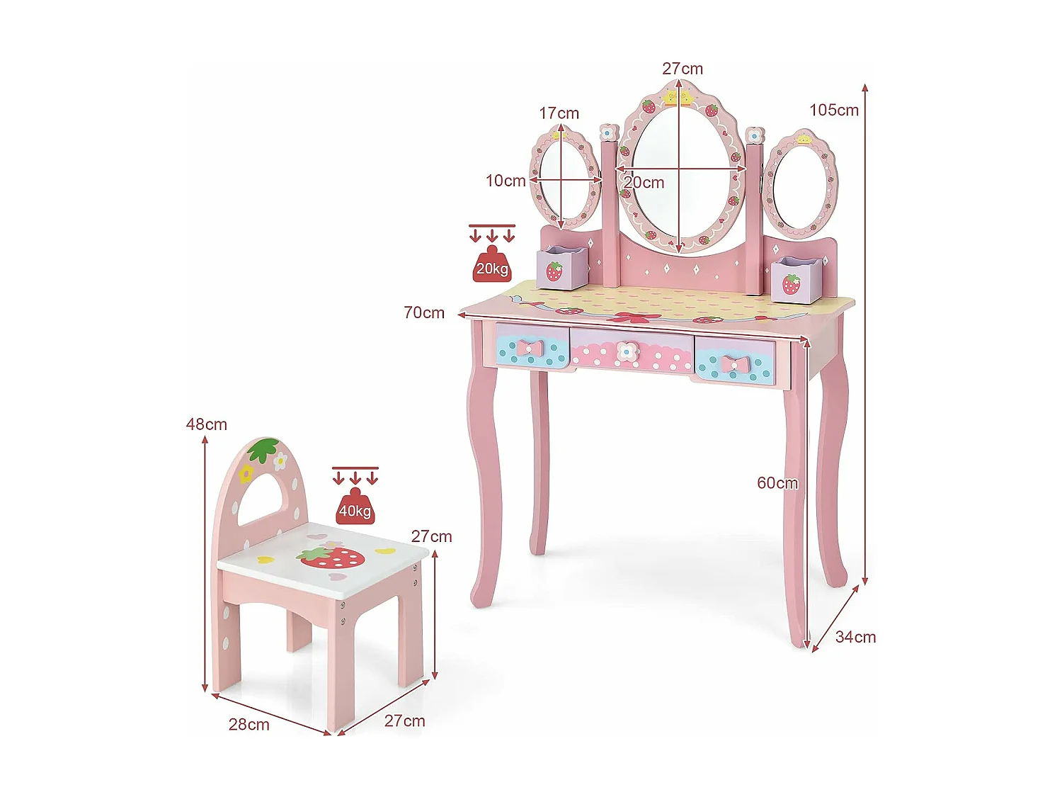 Coiffeuse pour Enfants de 3+ Ans, Ensemble Coiffeuse et Chaise avec Miroir Pliable à Trois Volets, 3 Tiroirs et 2 Boîte de Rangement, 70 x 34 x 105 cm, Rose