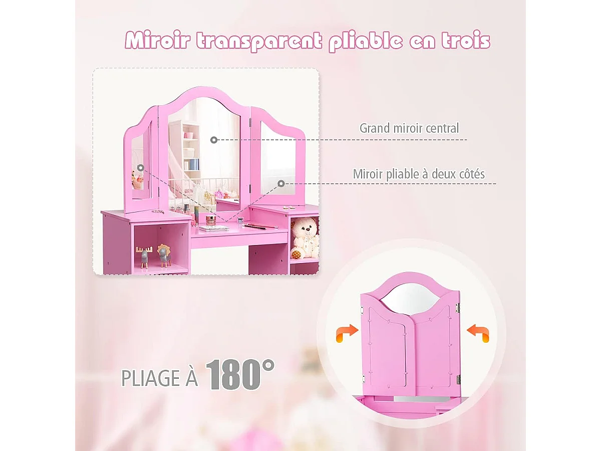 Coiffeuse pour Enfants de 3+ Ans, Ensemble Coiffeuse et Chaise avec Miroir Pliable à Trois Volets, 3 Tiroirs et 2 Boîte de Rangement, 70 x 34 x 105 cm, Rose