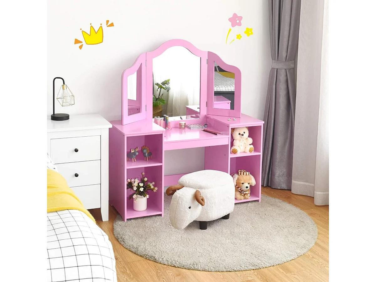 Coiffeuse pour Enfants de 3+ Ans, Ensemble Coiffeuse et Chaise avec Miroir Pliable à Trois Volets, 3 Tiroirs et 2 Boîte de Rangement, 70 x 34 x 105 cm, Rose