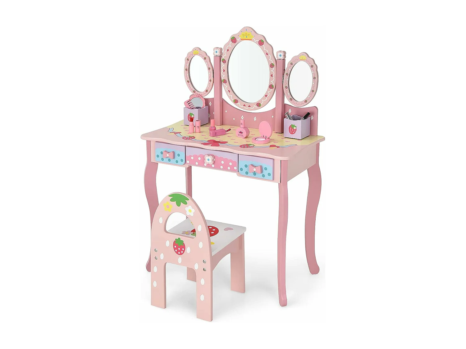 Coiffeuse pour Enfants 2 en 1 avec Miroir Amovible Pliable Chaise 3 Tiroirs 2 Boîtes de Rangement Table de Maquillage rose