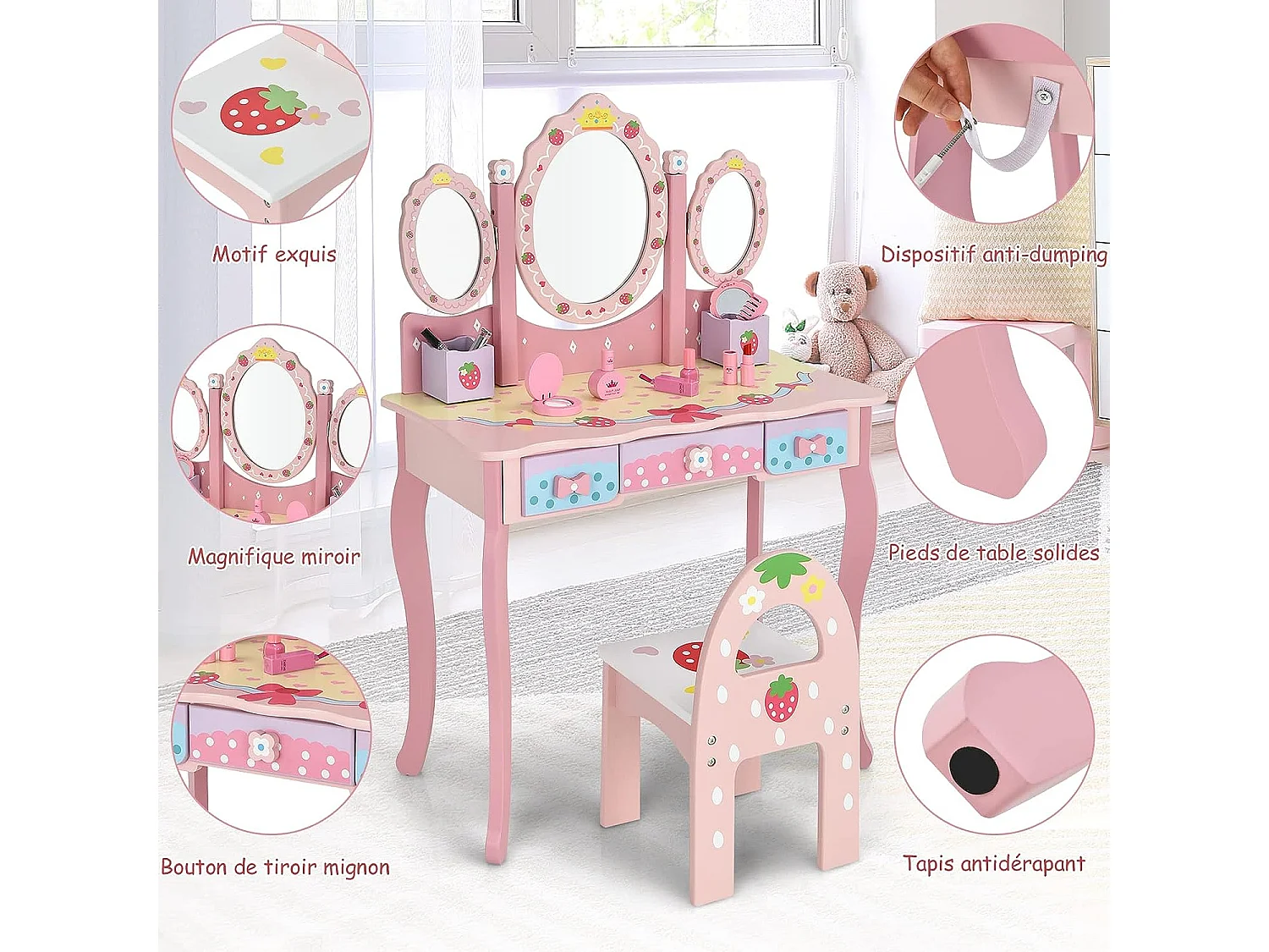 Coiffeuse pour Enfants 2 en 1 avec Miroir Amovible Pliable Chaise 3 Tiroirs 2 Boîtes de Rangement Table de Maquillage rose