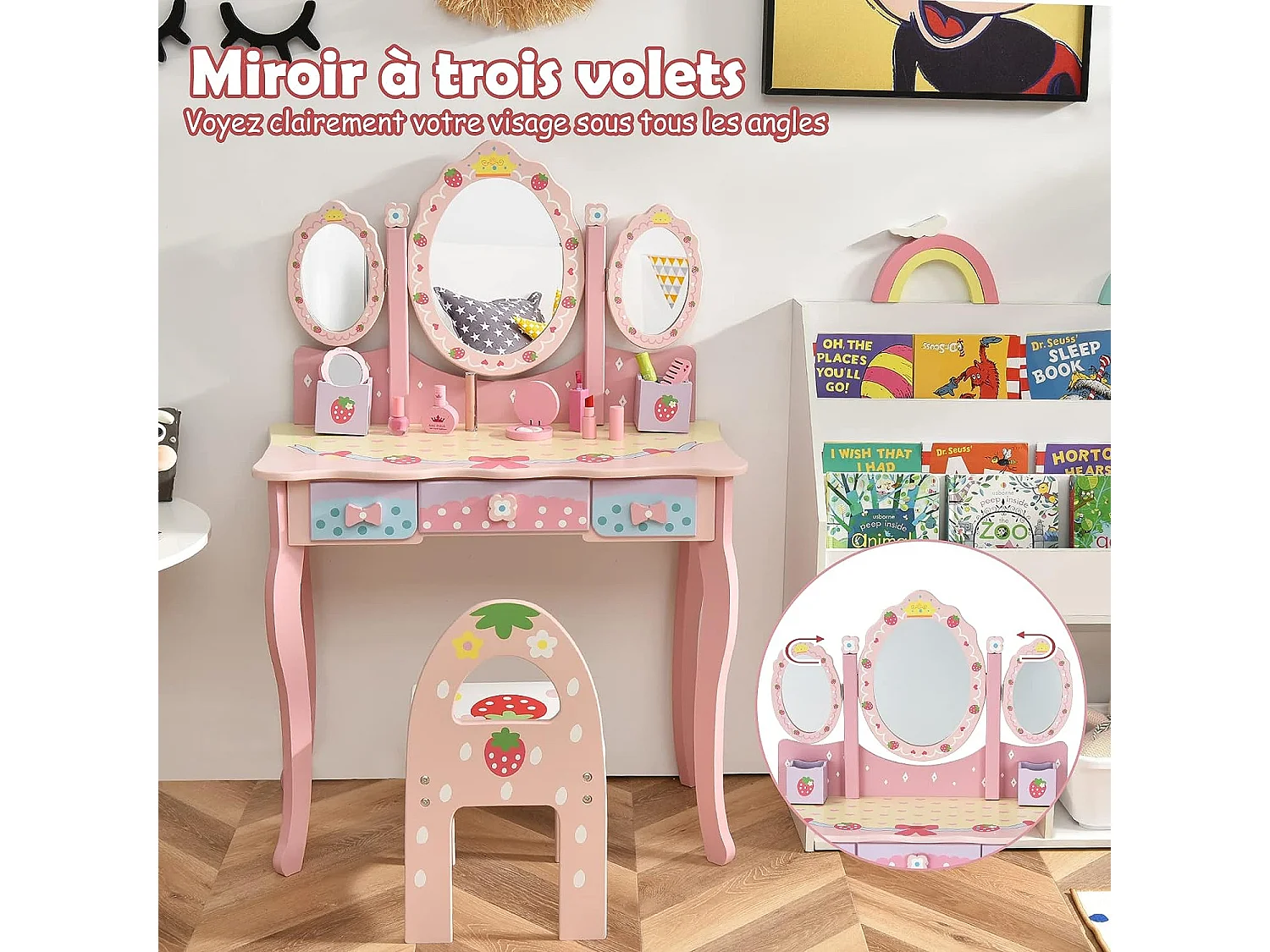 Coiffeuse pour Enfants 2 en 1 avec Miroir Amovible Pliable Chaise 3 Tiroirs 2 Boîtes de Rangement Table de Maquillage rose
