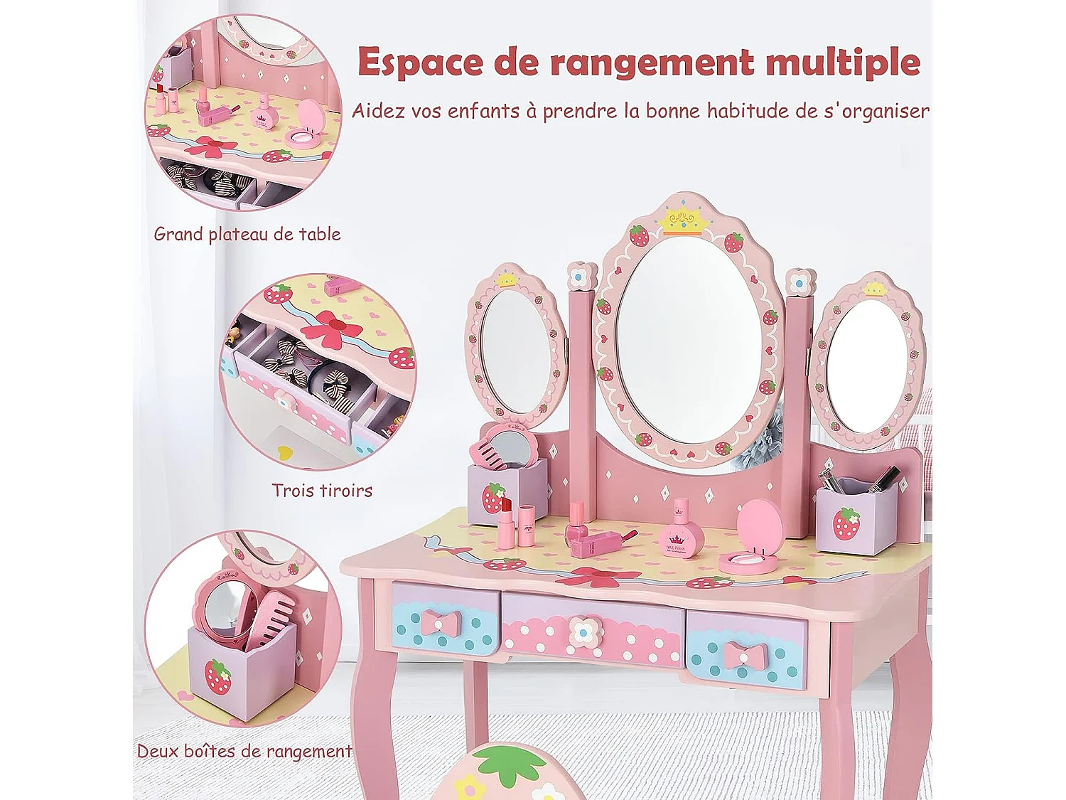 Coiffeuse pour Enfants 2 en 1 avec Miroir Amovible Pliable Chaise 3 Tiroirs 2 Boîtes de Rangement Table de Maquillage rose