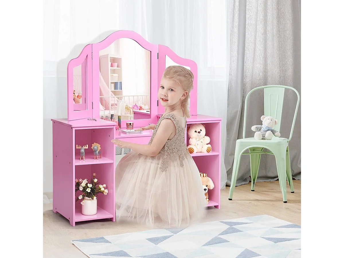 Coiffeuse pour Enfants 2 en 1 avec Miroir Amovible Pliable Chaise 3 Tiroirs 2 Boîtes de Rangement Table de Maquillage rose