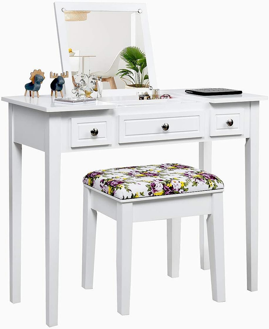 Coiffeuse D'angle Avec Miroir LED Et 3 Tiroirs - Multifonction Bureau & Table De Chevet - Noir