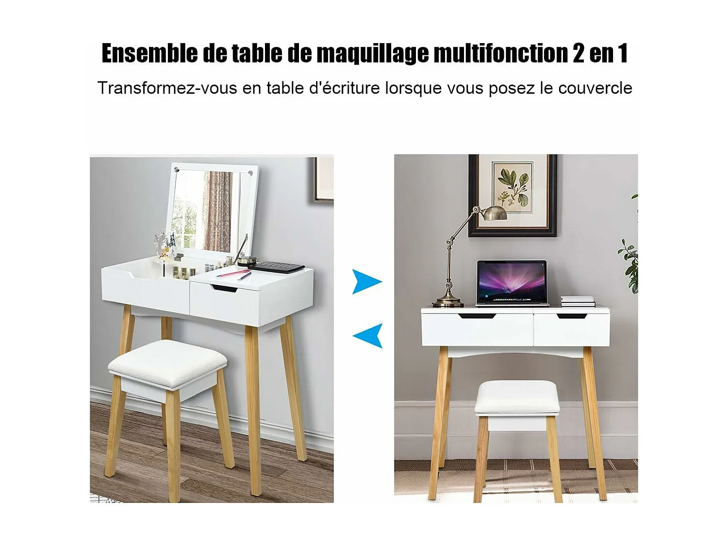Coiffeuse avec 1 Miroir Carré Rabattable,  Table de Maquillage avec Miroir, 1 Tabouret Capitonné, 1 Tiroir et 1 Compartiment de Rangement