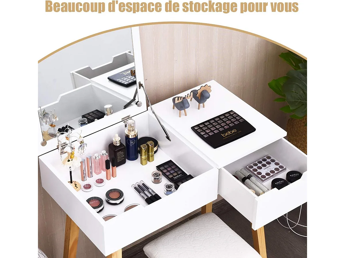 Coiffeuse avec 1 Miroir Carré Rabattable,  Table de Maquillage avec Miroir, 1 Tabouret Capitonné, 1 Tiroir et 1 Compartiment de Rangement