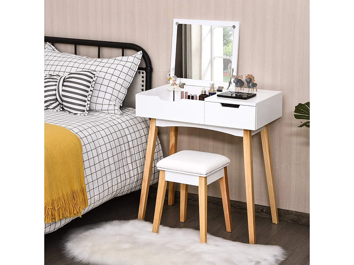 Coiffeuse avec 1 Miroir Carré Rabattable,  Table de Maquillage avec Miroir, 1 Tabouret Capitonné, 1 Tiroir et 1 Compartiment de Rangement