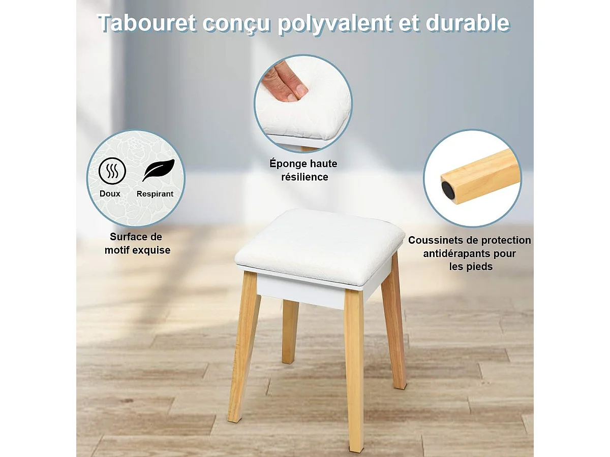 Coiffeuse avec 1 Miroir Carré Rabattable,  Table de Maquillage avec Miroir, 1 Tabouret Capitonné, 1 Tiroir et 1 Compartiment de Rangement