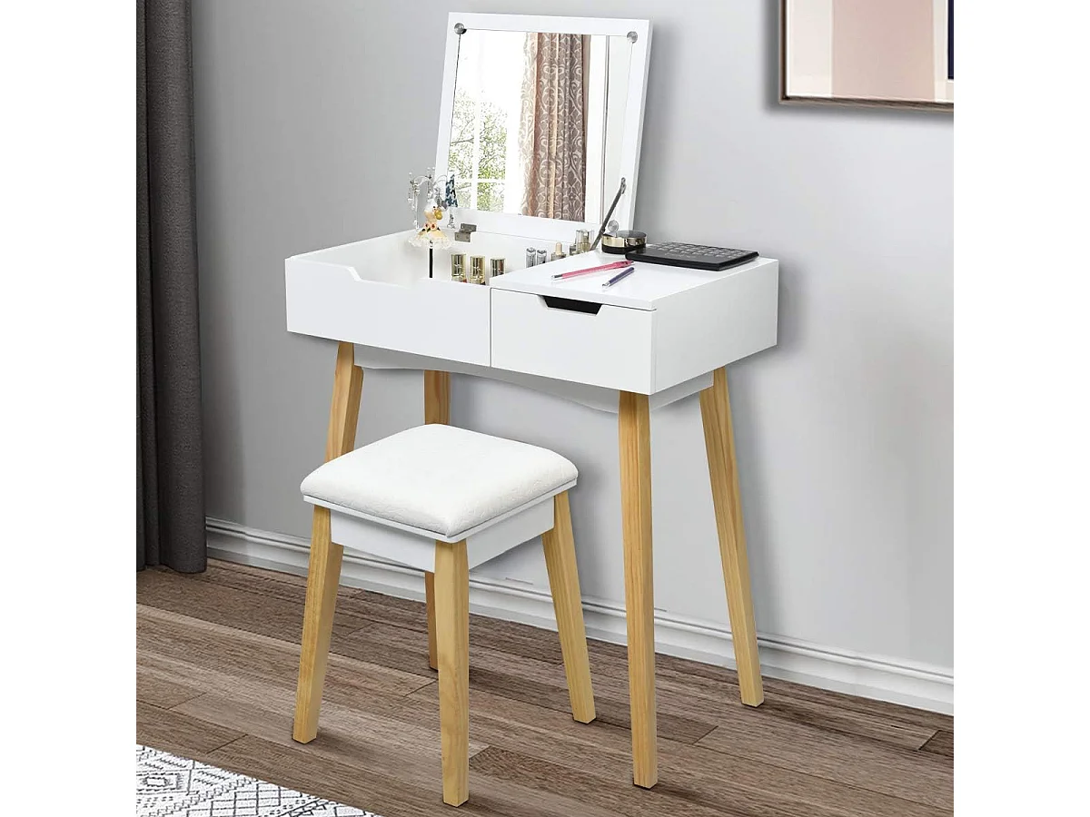 Coiffeuse avec 1 Miroir Carré Rabattable,  Table de Maquillage avec Miroir, 1 Tabouret Capitonné, 1 Tiroir et 1 Compartiment de Rangement