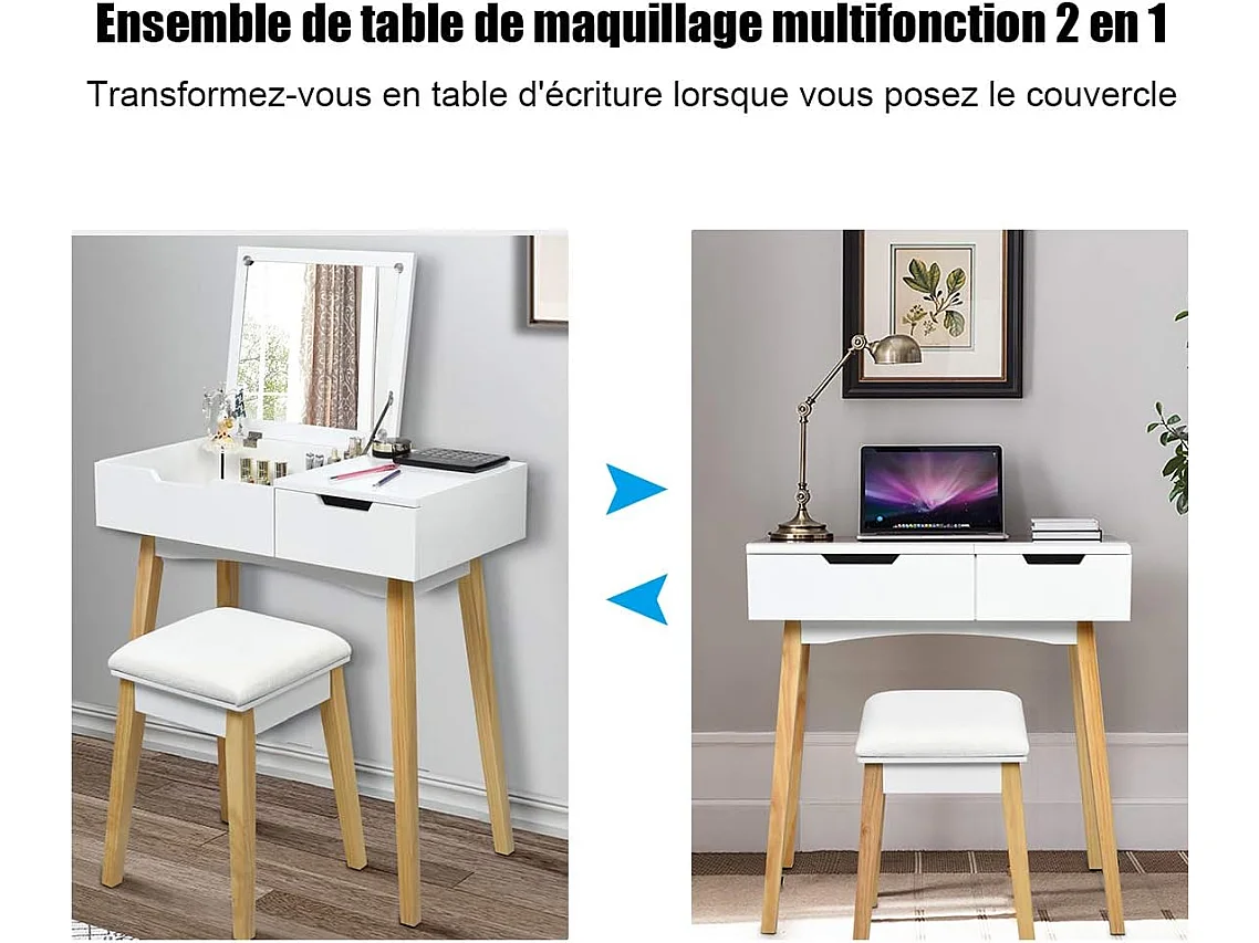Kaptafel met 1 inklapbare vierkante spiegel, make-uptafel met spiegel, 1 gevoerde kruk, 1 lade en 1 opbergvak