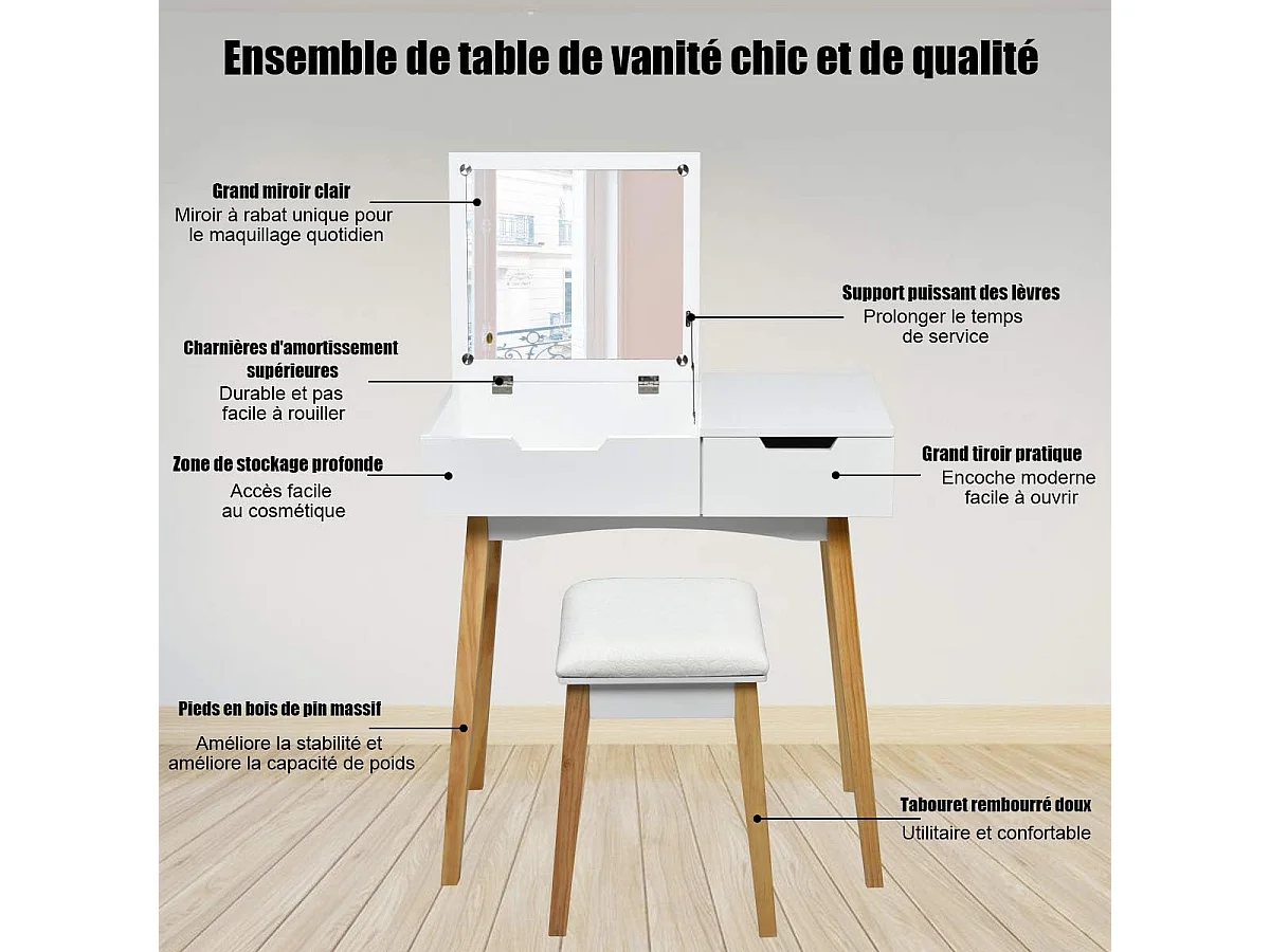 Kaptafel met 1 inklapbare vierkante spiegel, make-uptafel met spiegel, 1 gevoerde kruk, 1 lade en 1 opbergvak