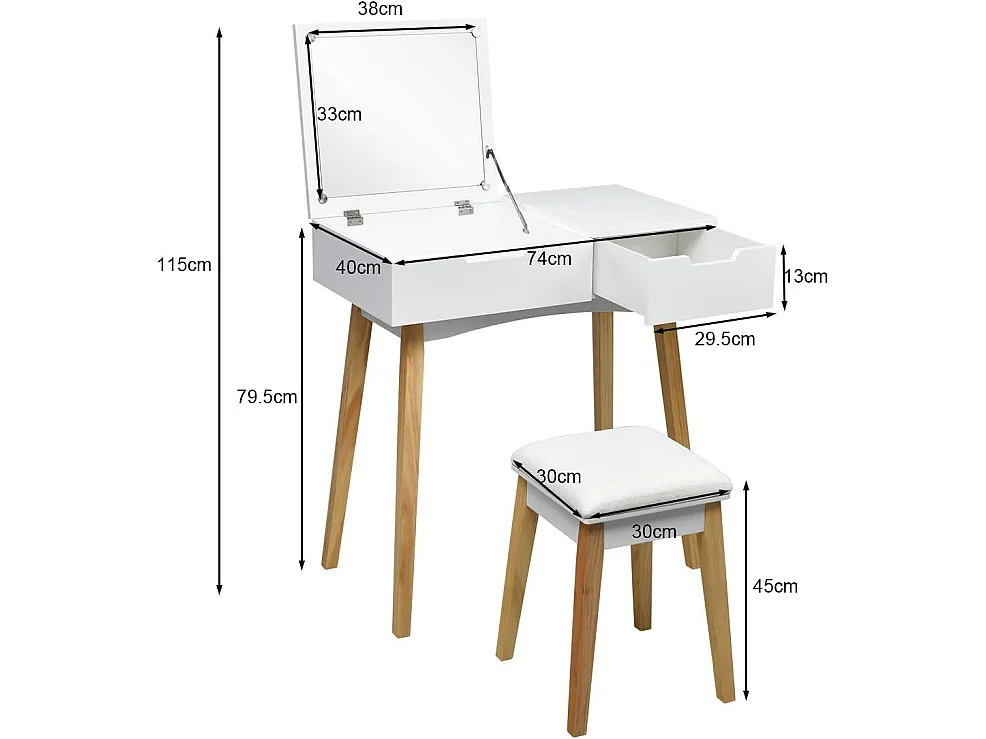 Kaptafel met 1 inklapbare vierkante spiegel, make-uptafel met spiegel, 1 gevoerde kruk, 1 lade en 1 opbergvak