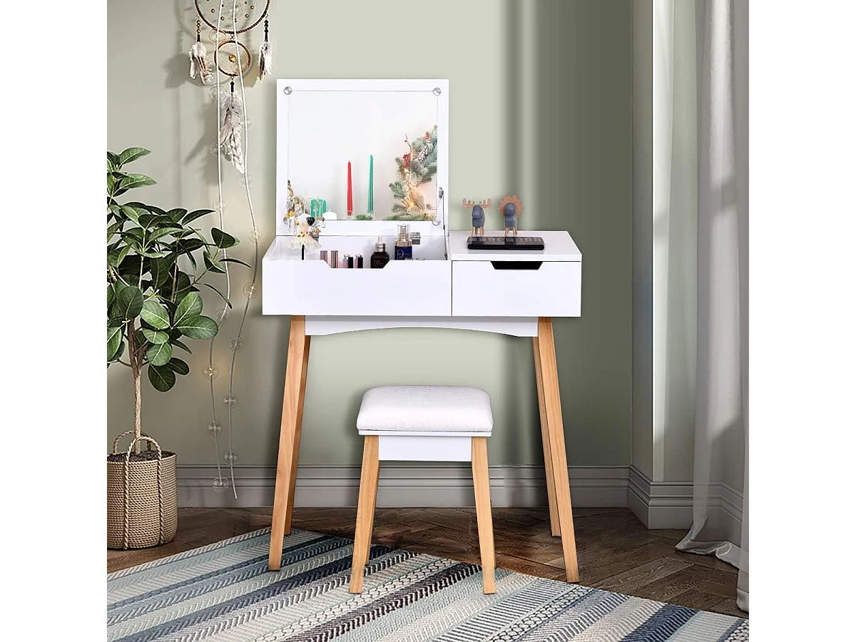 Kaptafel met 1 inklapbare vierkante spiegel, make-uptafel met spiegel, 1 gevoerde kruk, 1 lade en 1 opbergvak