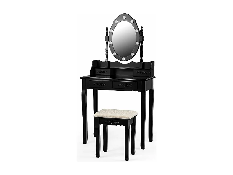 Coiffeuse avec 10 Ampoules, Table de Maquillage avec Tabouret, Miroir Ovale, Interrupteur et 4 Tiroirs, 75x40x145cm Noir