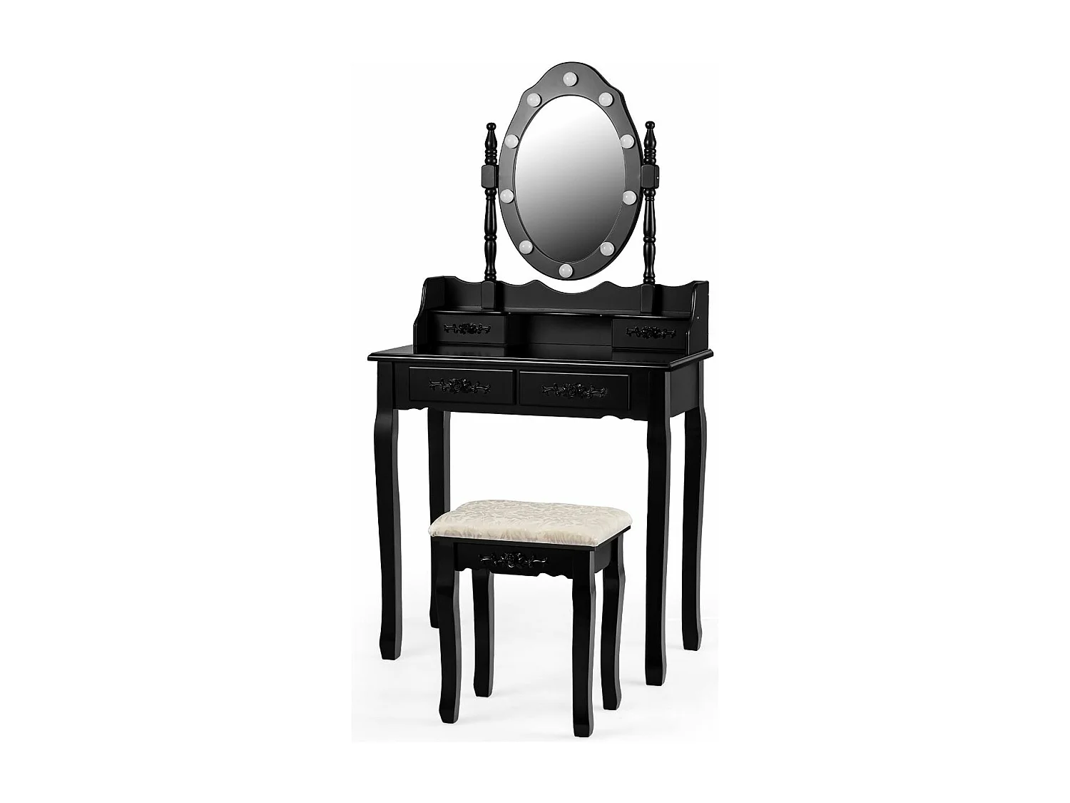 Coiffeuse avec 10 Ampoules, Table de Maquillage avec Tabouret, Miroir Ovale, Interrupteur et 4 Tiroirs, 75x40x145cm Noir