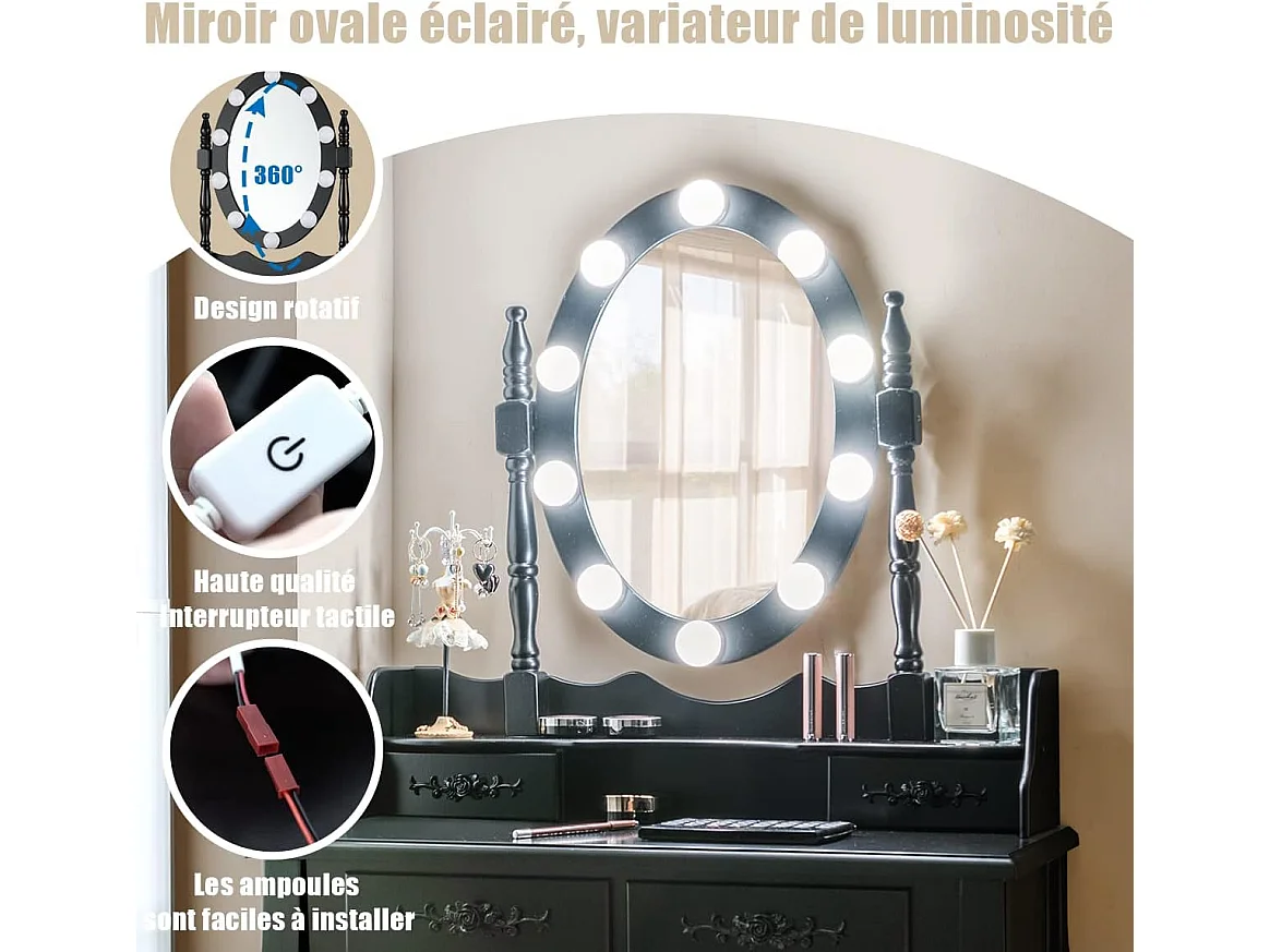 Coiffeuse avec 10 Ampoules, Table de Maquillage avec Tabouret, Miroir Ovale, Interrupteur et 4 Tiroirs, 75x40x145cm Noir