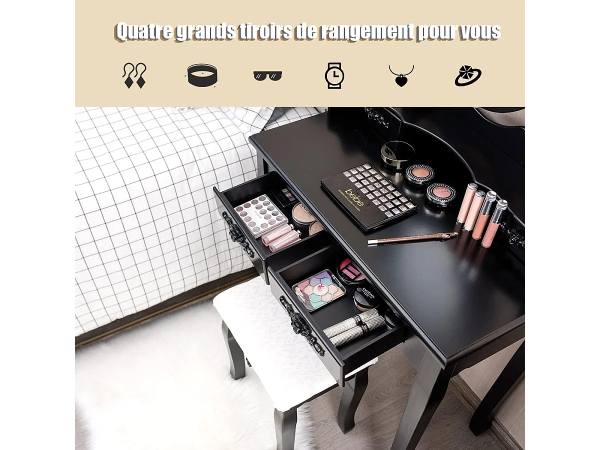 Coiffeuse avec 10 Ampoules, Table de Maquillage avec Tabouret, Miroir Ovale, Interrupteur et 4 Tiroirs, 75x40x145cm Noir