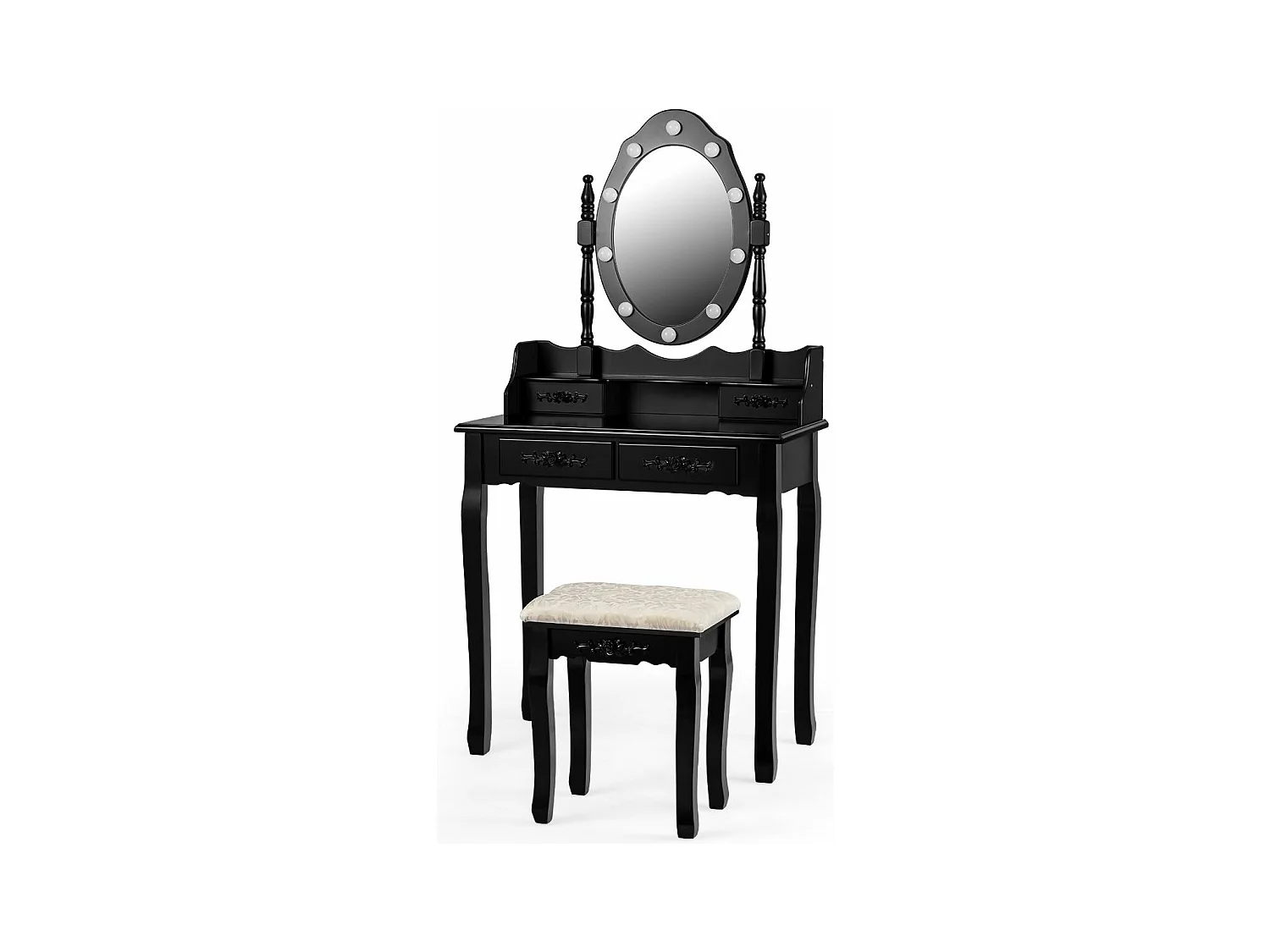 Coiffeuse avec 10 Ampoules, Table de Maquillage avec Tabouret, Miroir Ovale, Interrupteur et 4 Tiroirs, 75x40x145cm Noir