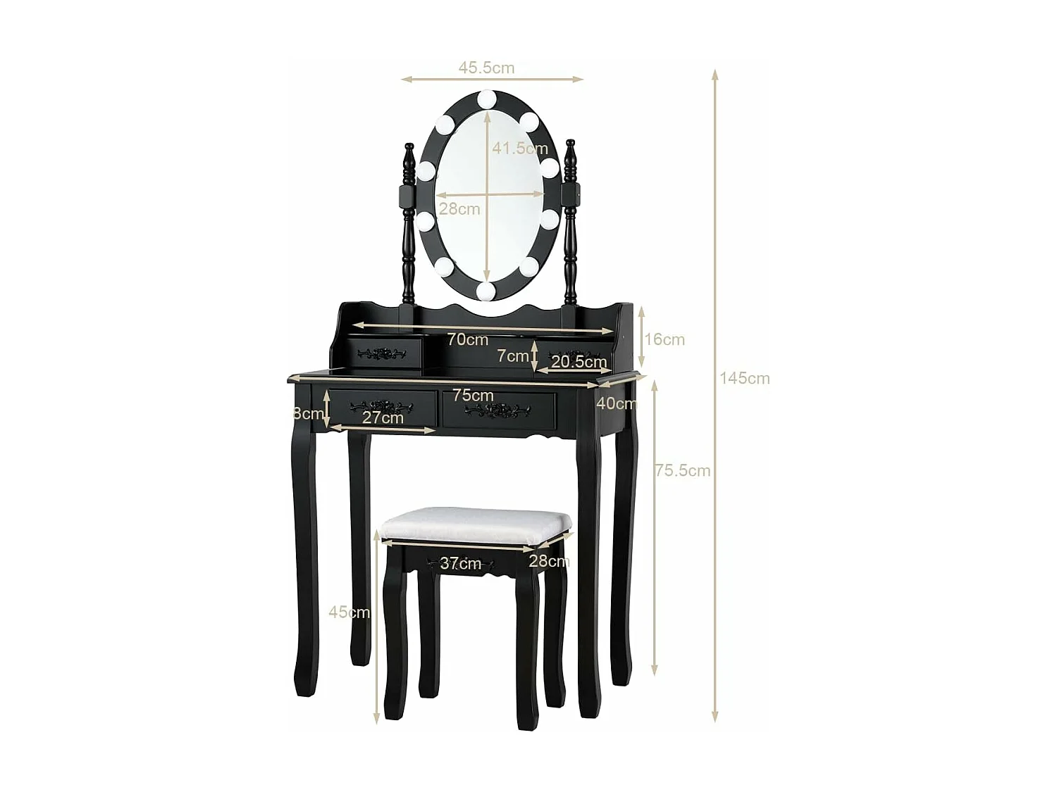 Coiffeuse avec 10 Ampoules, Table de Maquillage avec Tabouret, Miroir Ovale, Interrupteur et 4 Tiroirs, 75x40x145cm Noir