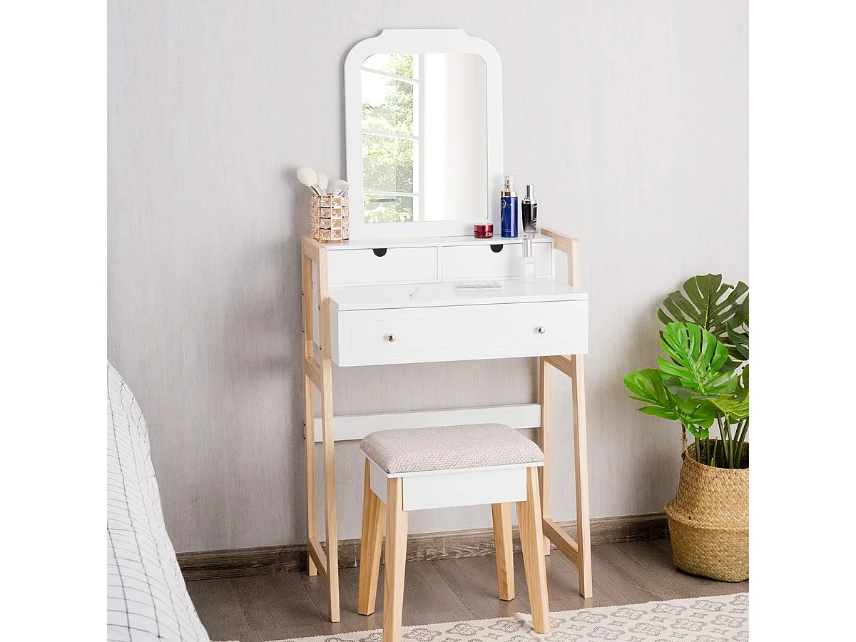 Coiffeuse, Table de Maquillage à 2 Niveaux avec 3 Tiroirs 1 Miroir (Hauteur Réglable) et 1 Tabouret Rembourré