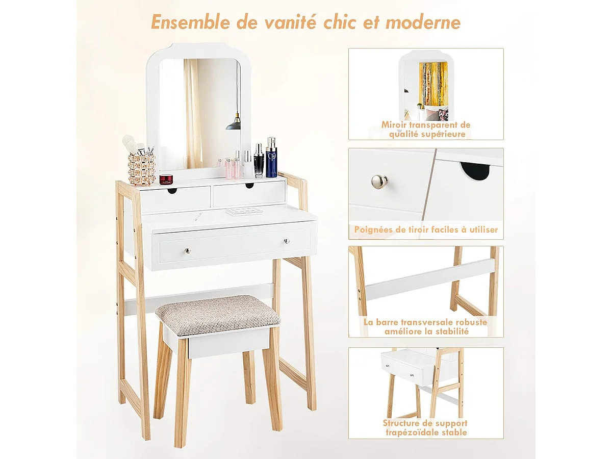 Coiffeuse, Table de Maquillage à 2 Niveaux avec 3 Tiroirs 1 Miroir (Hauteur Réglable) et 1 Tabouret Rembourré