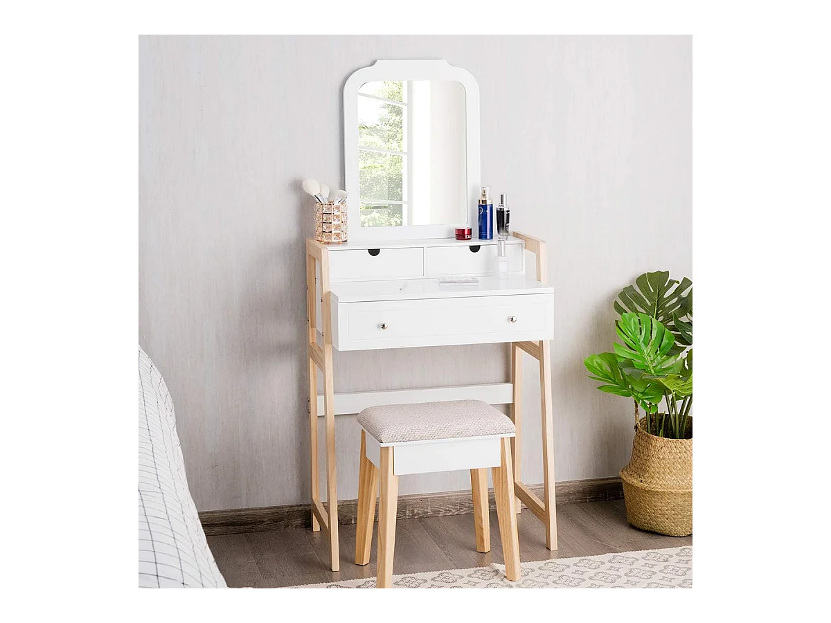 Coiffeuse, Table de Maquillage à 2 Niveaux avec 3 Tiroirs 1 Miroir (Hauteur Réglable) et 1 Tabouret Rembourré