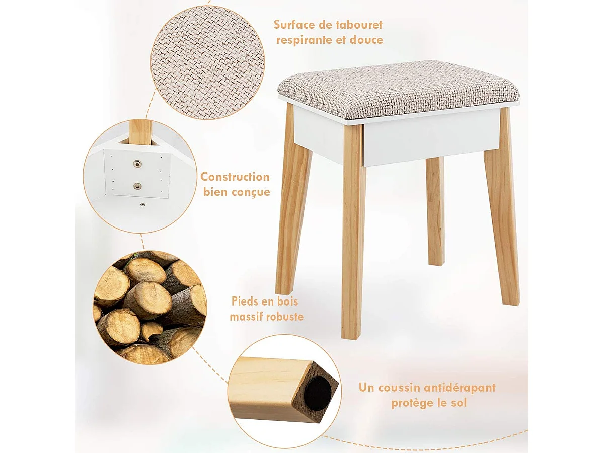 Coiffeuse, Table de Maquillage à 2 Niveaux avec 3 Tiroirs 1 Miroir (Hauteur Réglable) et 1 Tabouret Rembourré