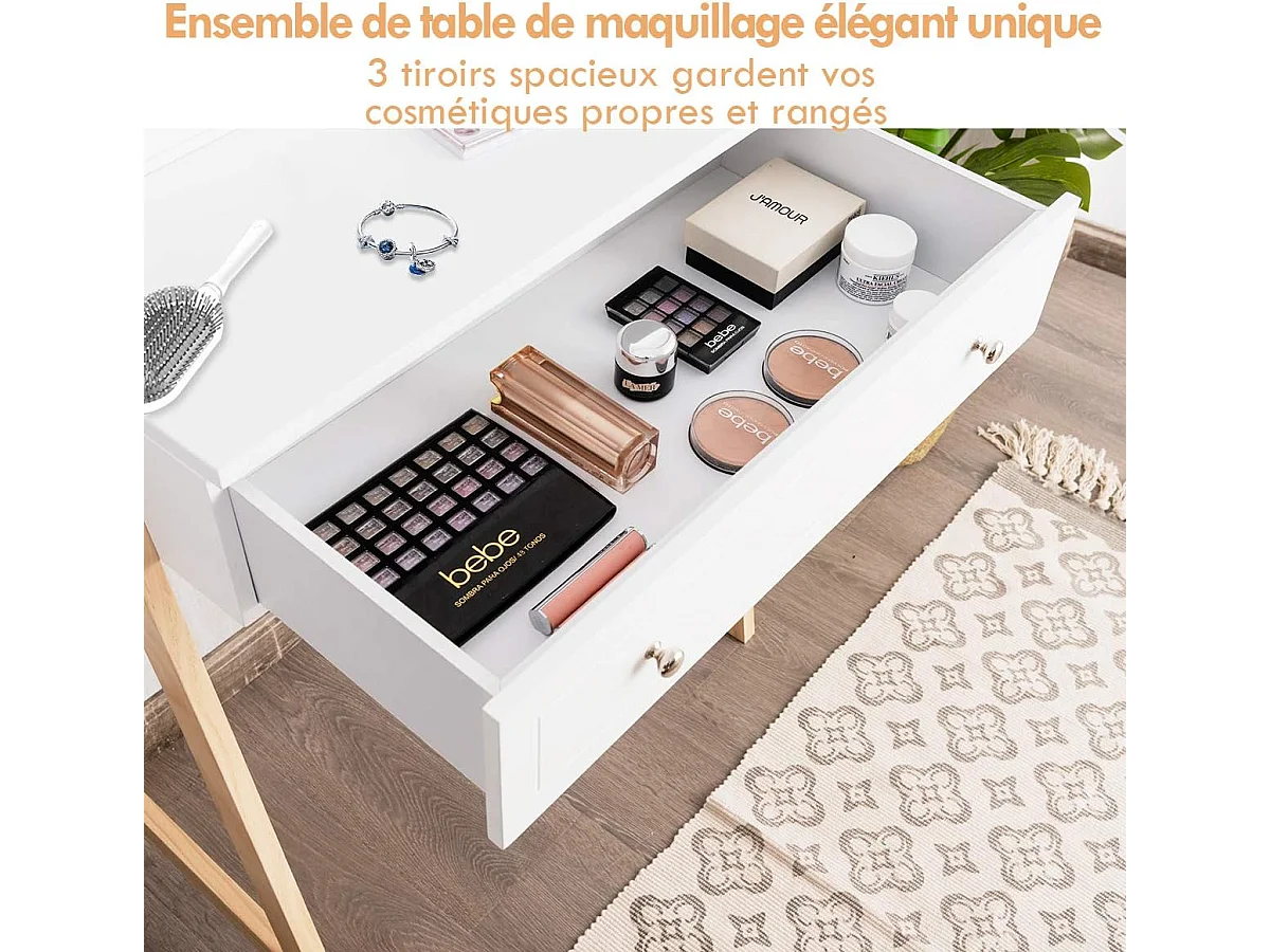 Coiffeuse, Table de Maquillage à 2 Niveaux avec 3 Tiroirs 1 Miroir (Hauteur Réglable) et 1 Tabouret Rembourré