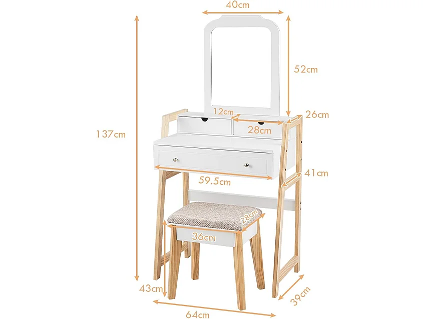 Coiffeuse, Table de Maquillage à 2 Niveaux avec 3 Tiroirs 1 Miroir (Hauteur Réglable) et 1 Tabouret Rembourré