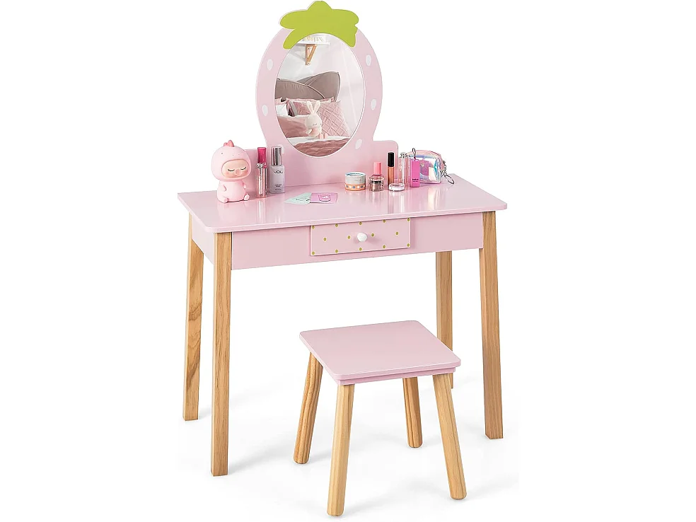 Coiffeuse Enfant Fille avec Miroir Amovible, Table Maquillage 2 en 1 avec Tabouret, Tiroir et Peigne, Coins Arrondis en MDF, Bois d'Eucalyptus Rose