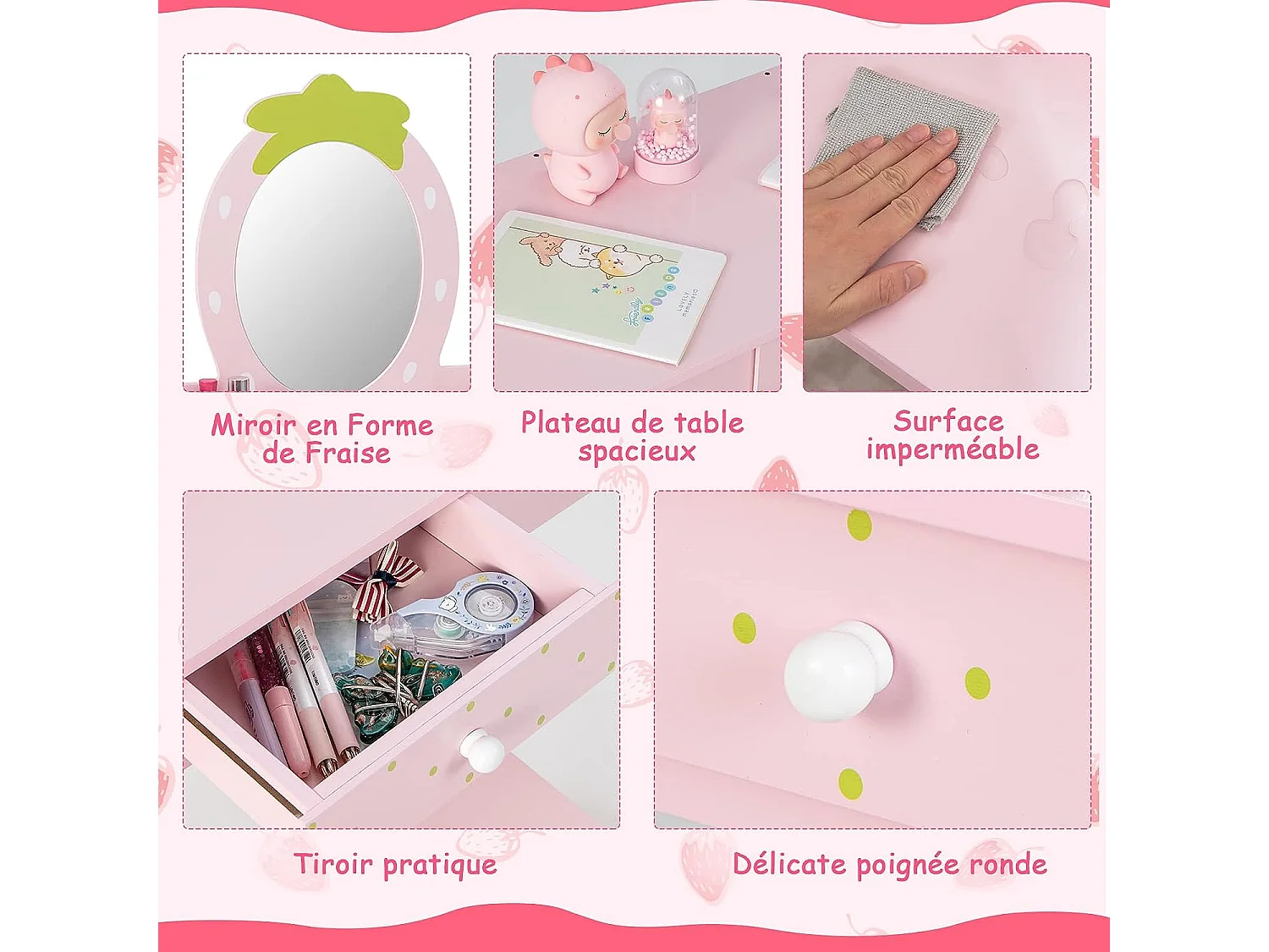 Coiffeuse Enfant Fille avec Miroir Amovible, Table Maquillage 2 en 1 avec Tabouret, Tiroir et Peigne, Coins Arrondis en MDF, Bois d'Eucalyptus Rose