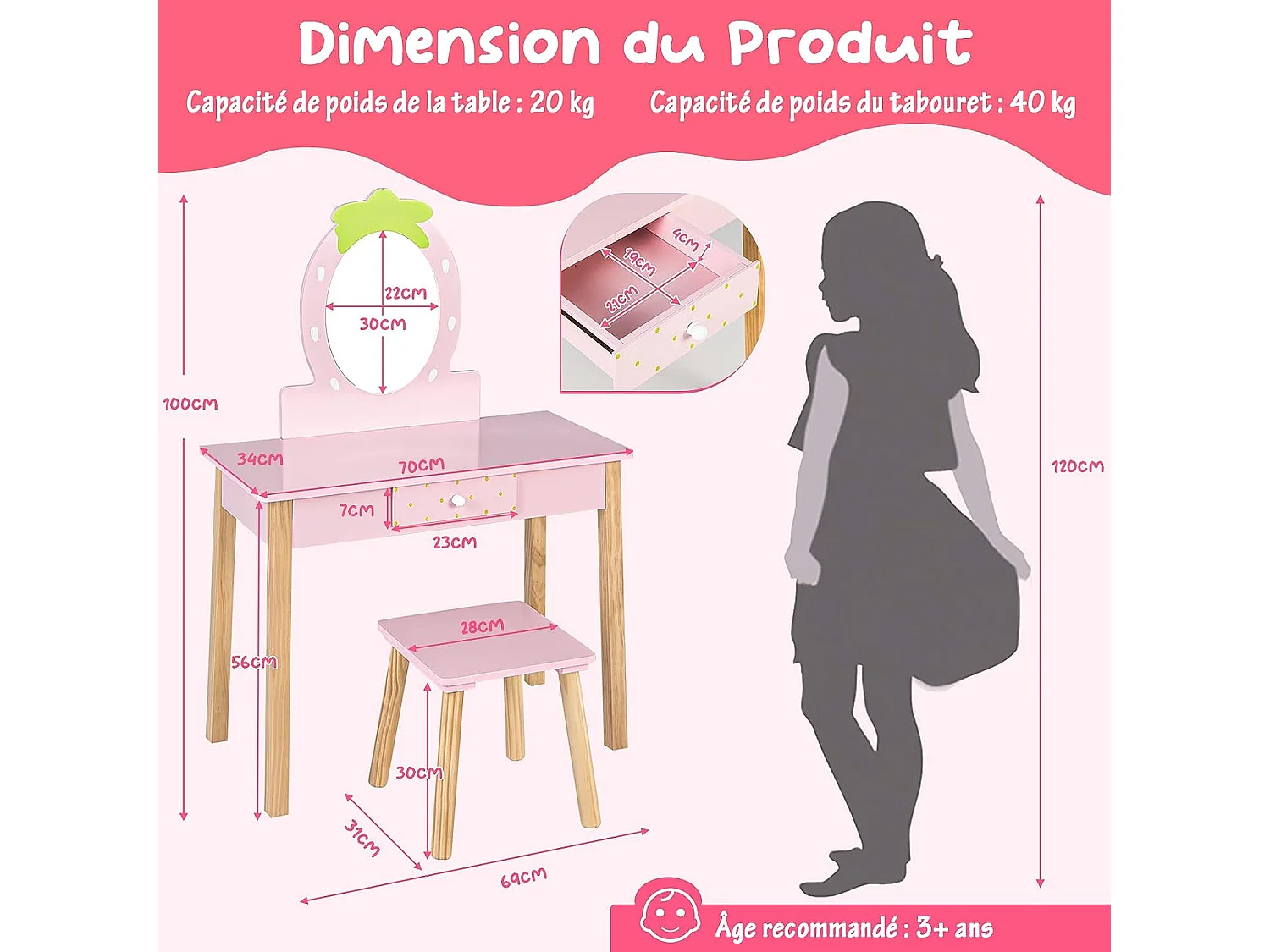 Coiffeuse Enfant Fille avec Miroir Amovible, Table Maquillage 2 en 1 avec Tabouret, Tiroir et Peigne, Coins Arrondis en MDF, Bois d'Eucalyptus Rose