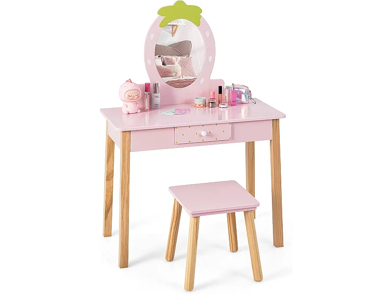 Coiffeuse Enfant Fille avec Miroir Amovible, Table Maquillage 2 en 1 avec Tabouret, Tiroir et Peigne, Coins Arrondis en MDF, Bois d'Eucalyptus Rose